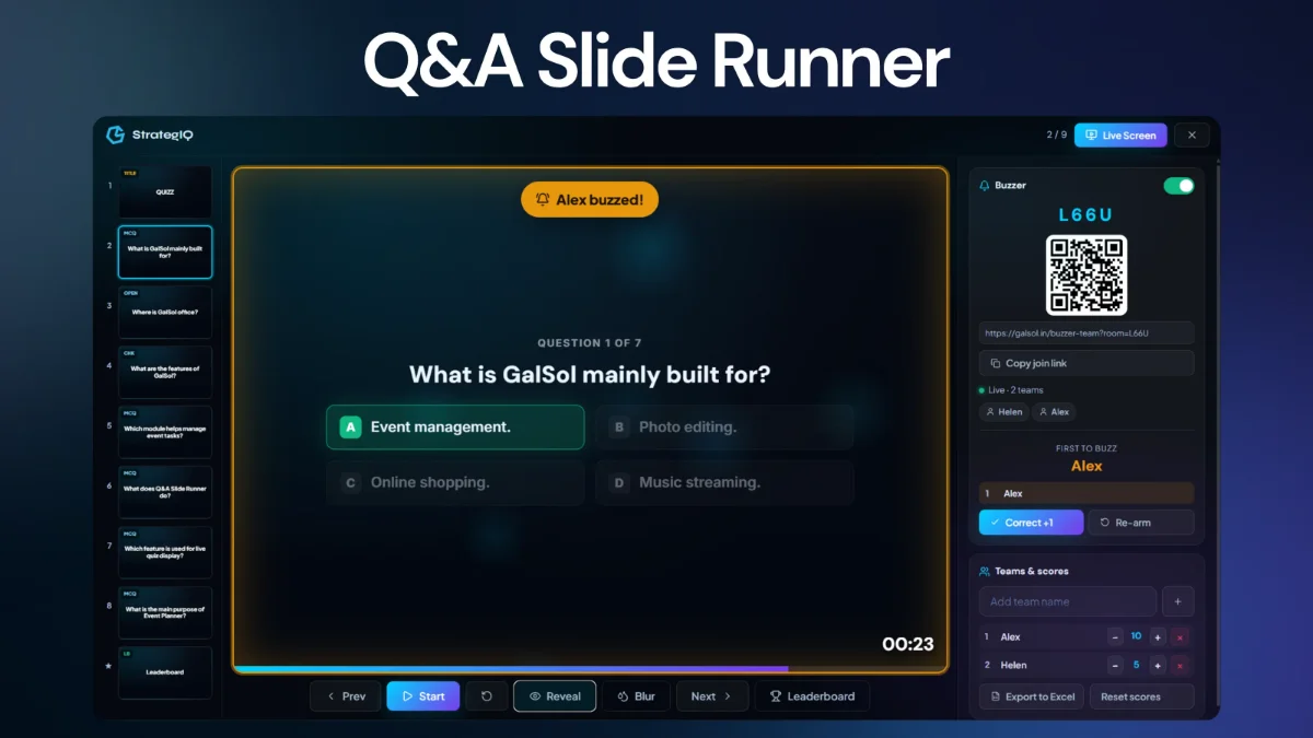 Event Assets Q&A Slide Runner — editor and live presentation screen